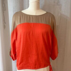 BCBGMAXAZRIA silk color block dolman‑sleeve blouse, Small, Orange &Taupe